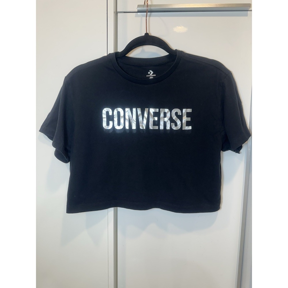 Converse Women's Metallic Wordmark Graphic Cropped Tee Black Silver Sz M